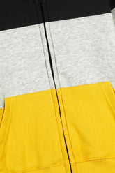 Kids Black-Grey-Yellow Color-Block Zip-Up Hoodie – 100% Cotton Fleece